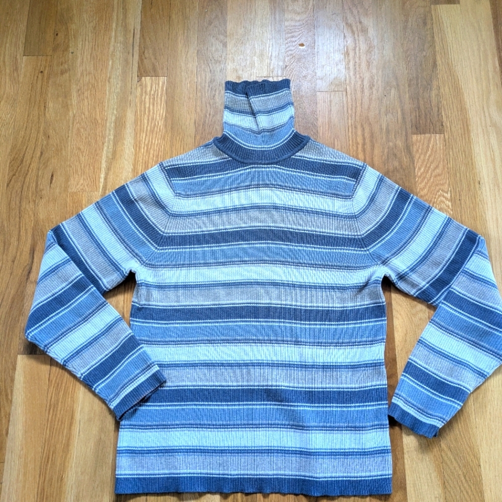 Striped Blue and Gray Women's Turtleneck Sweater